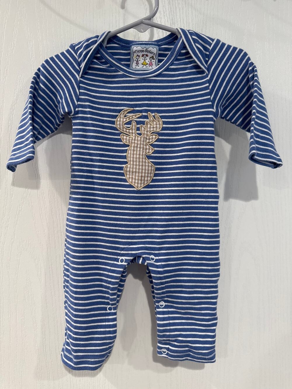 Three Sisters Baby Boy Romper 6M Blue Stripe Gingham Deer Buck Applique
